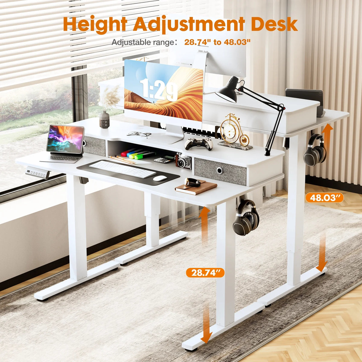 Height Adjustable Electric Standing Desk with Storage Shelf Double Drawer C28968
