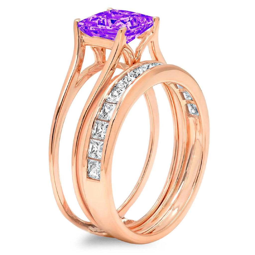18K Rose Gold Amethyst Solitaire Bridal Set SZ 4.5 W515866