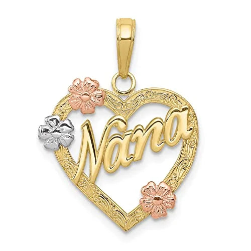 10K Tri Color Nana in Heart with Flowers Pendant P72604