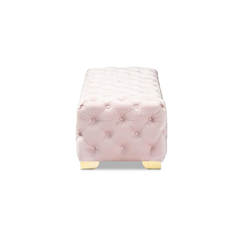 Light Pink Velvet Button Tufted Bench Ottoman I5646