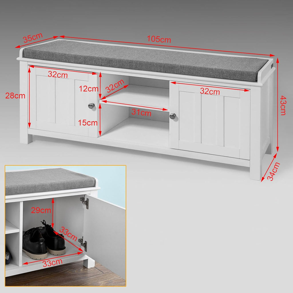 White Shoe Storage Bench with 2 Doors and Removable Seat Cushion T115