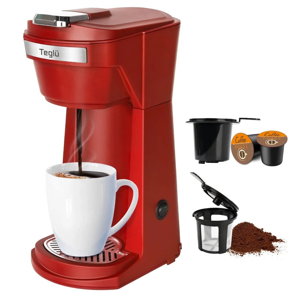 2 in 1 Single Serve Coffee Maker with Reusable Filters, Red D890646
