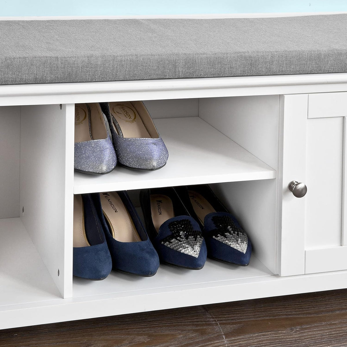 White Shoe Storage Bench with 2 Doors and Removable Seat Cushion T115