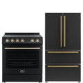 30 Electric Range and Refrigerator in Black with Antique Brass Handles Y2475
