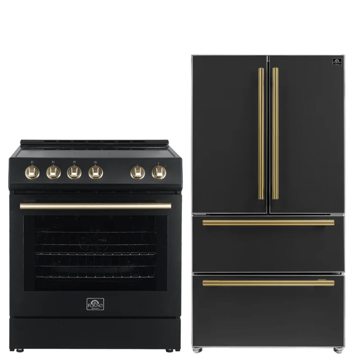 30 Electric Range and Refrigerator in Black with Antique Brass Handles Y2475