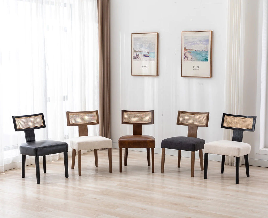 Beige Rattan Backrest Linen Upholstered Solid Wood Dining Chairs Set of 2 B1714