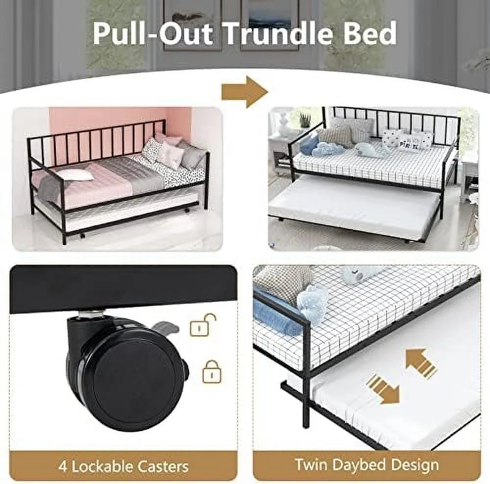 Black Metal Twin Daybed Frame with Slat Support and Guardrails V78787