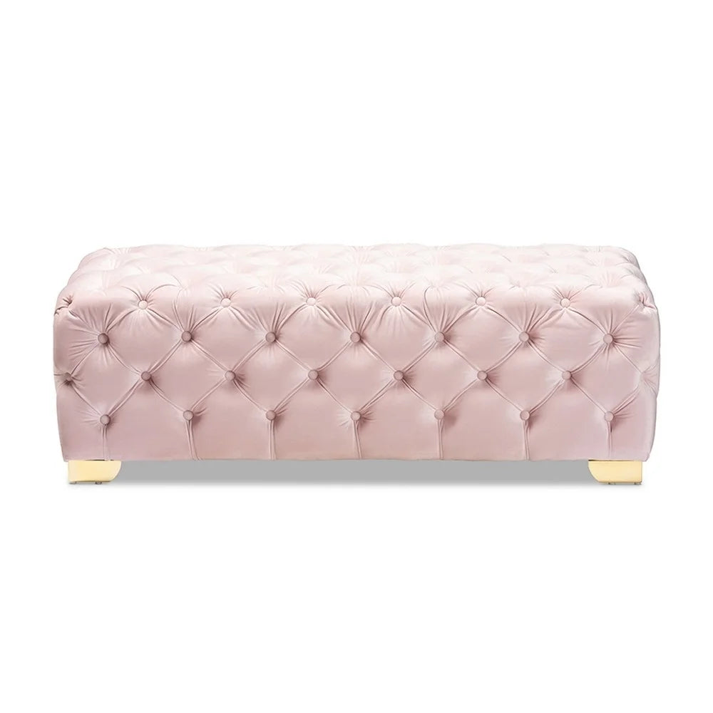 Light Pink Velvet Button Tufted Bench Ottoman I5646