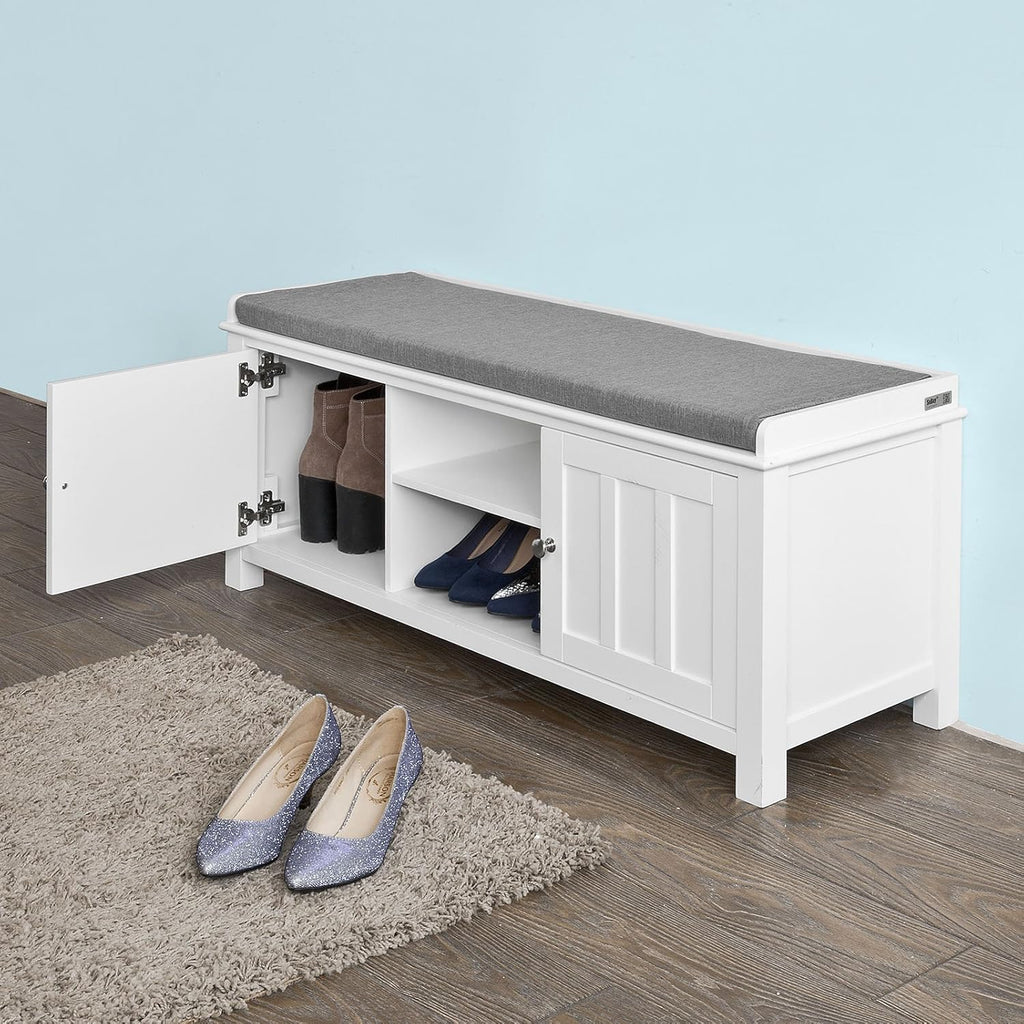 White Shoe Storage Bench with 2 Doors and Removable Seat Cushion T115