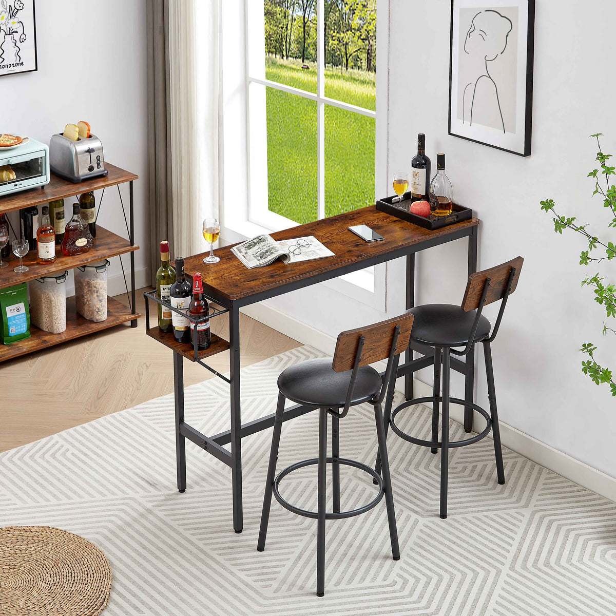 Rustic 3-Piece Dining Table Set with 2 Stools Y80075