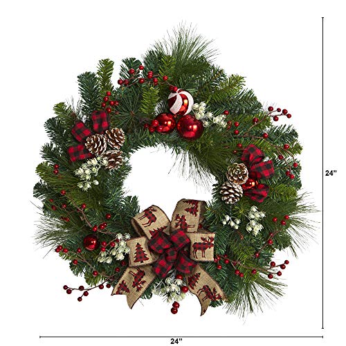 24in. Artificial Christmas Pine Wreath with Pine Cones and Ornaments W354563