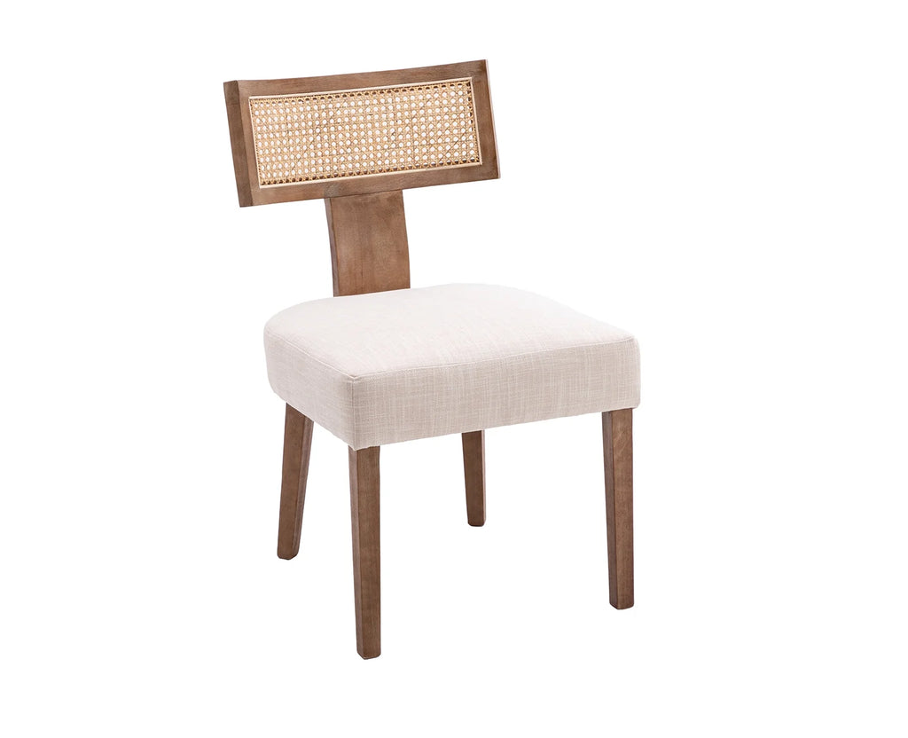 Beige Rattan Backrest Linen Upholstered Solid Wood Dining Chairs Set of 2 B1714
