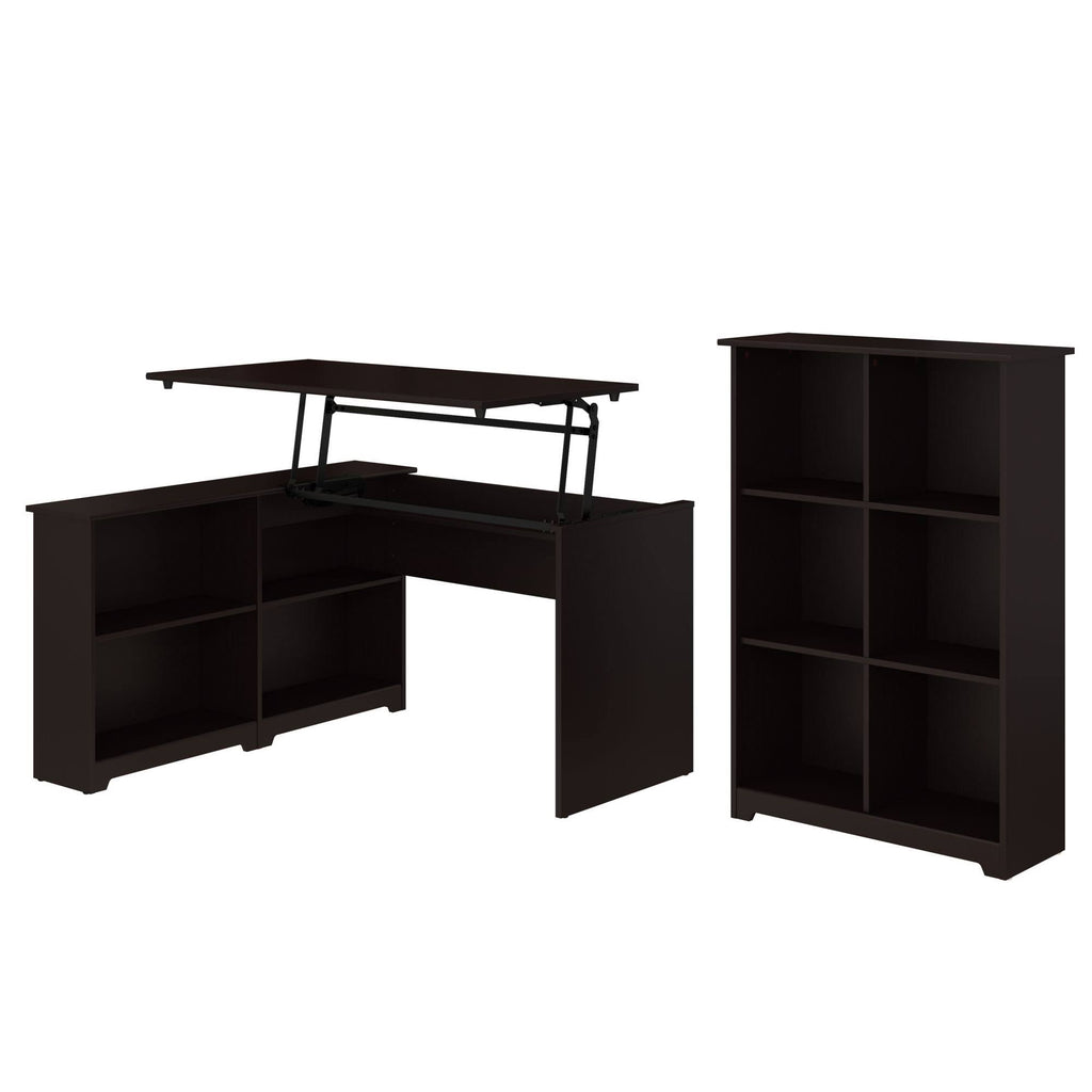 Espresso Oak 3 Position Sit to Stand Corner Bookshelf Desk with 6 Cube Organizer X47741