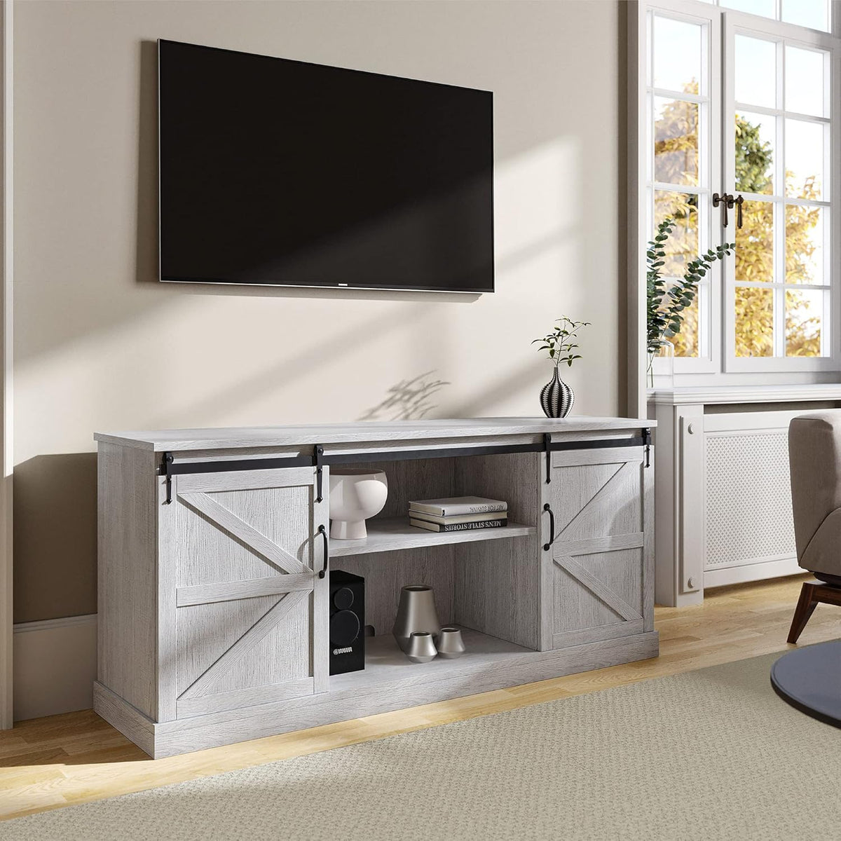 Modern Farmhouse TV Stand with Sliding Barn Door and Storage Cabinets E879943