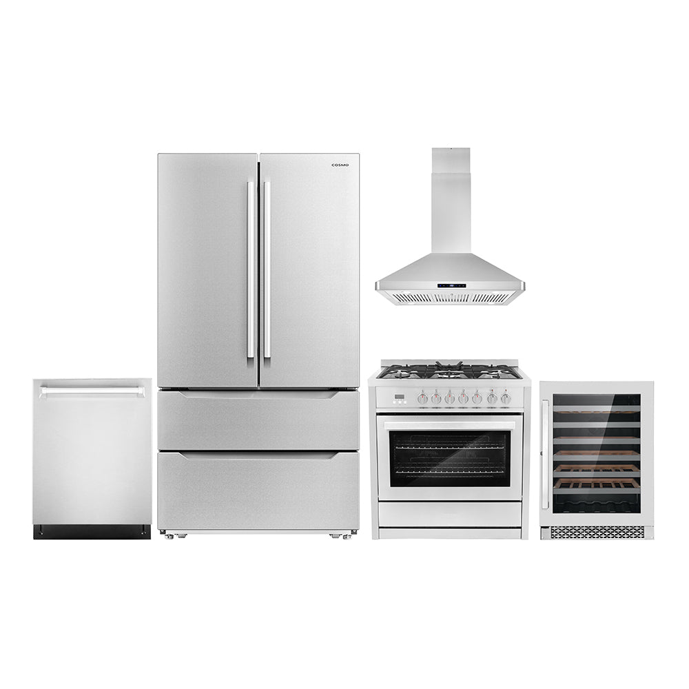 5 Piece Kitchen Appliance Package with Dual Fuel Range, Island Range Hood, Built-in Dishwasher, French Door Refrigerator & 48 Bottle Wine Refrigerator K1470