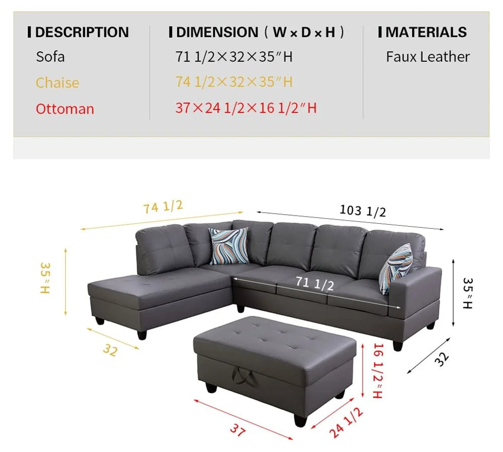 Dark Grey Faux Leather Sectional with Ottoman T508090