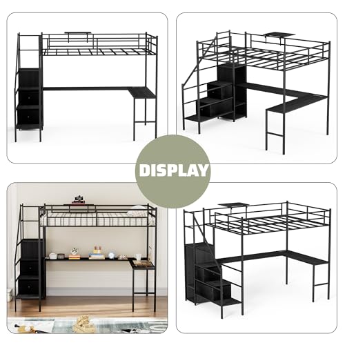Full Size Black Metal Loft Bed with Desk and Stairs U22778