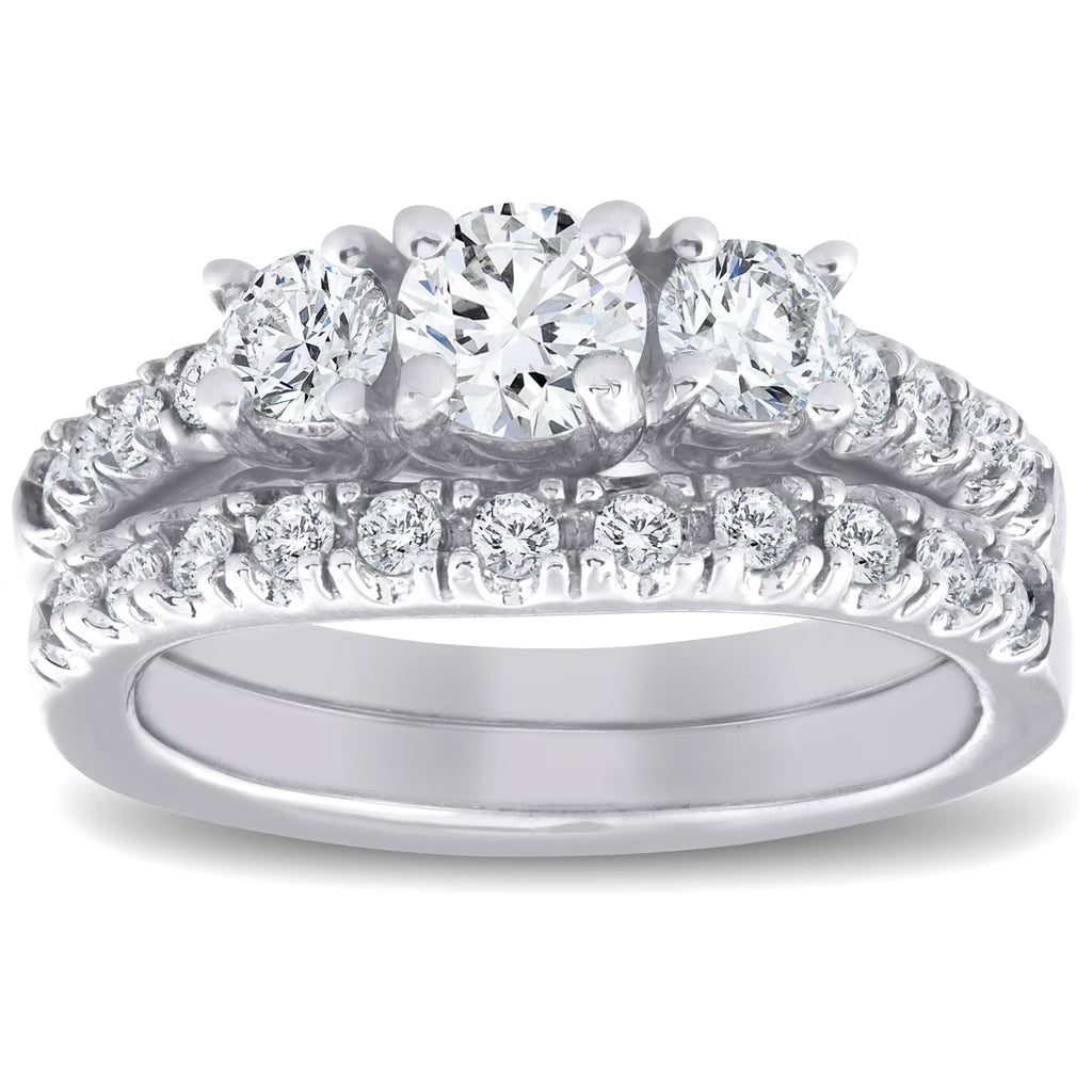 1 1/2 ct 3-Stone Diamond Engagement Ring Matching Wedding Band Set White Gold K445