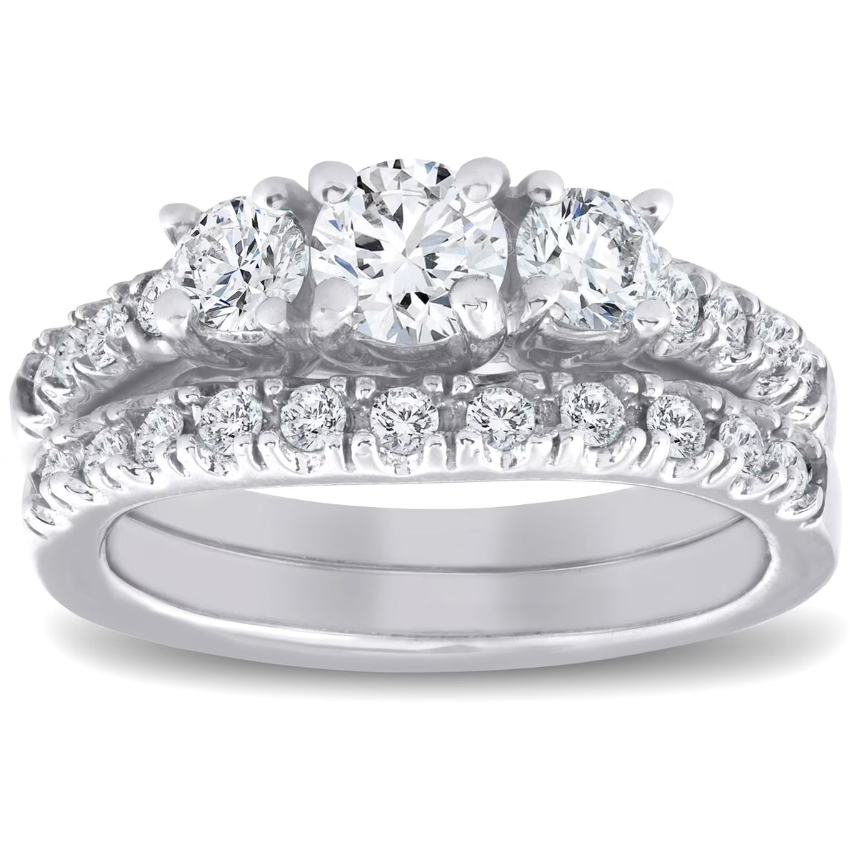 1 1/2 ct 3-Stone Diamond Engagement Ring Matching Wedding Band Set White Gold K445