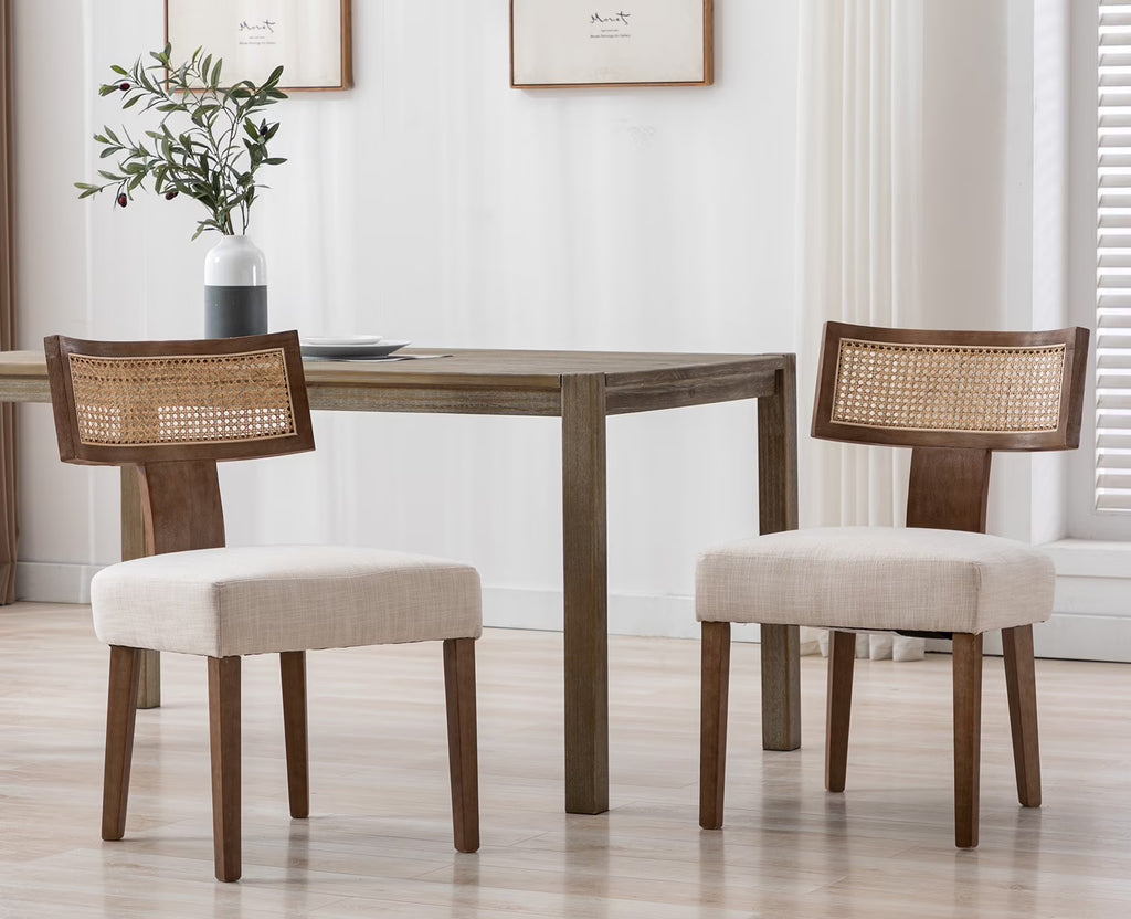Beige Rattan Backrest Linen Upholstered Solid Wood Dining Chairs Set of 2 B1714