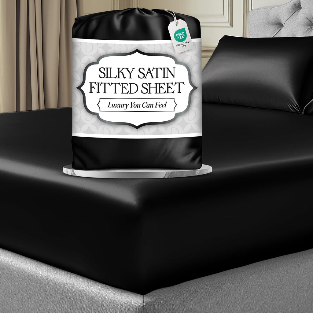Black Silk Satin Fitted Sheet Queen Size 15 Inch Deep Pocket W6257