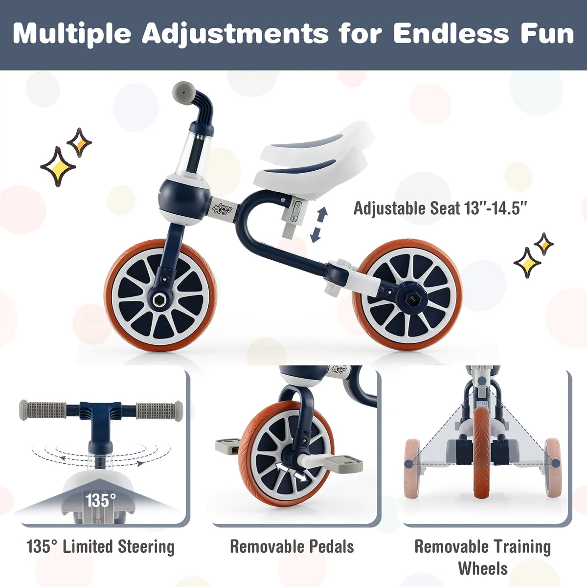 4 in 1 Kids Tricycles with Push Handle & Training Wheels Navy I728