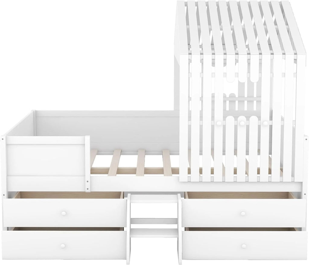 White Full Size Wood House Bed with 4 Drawers J30522