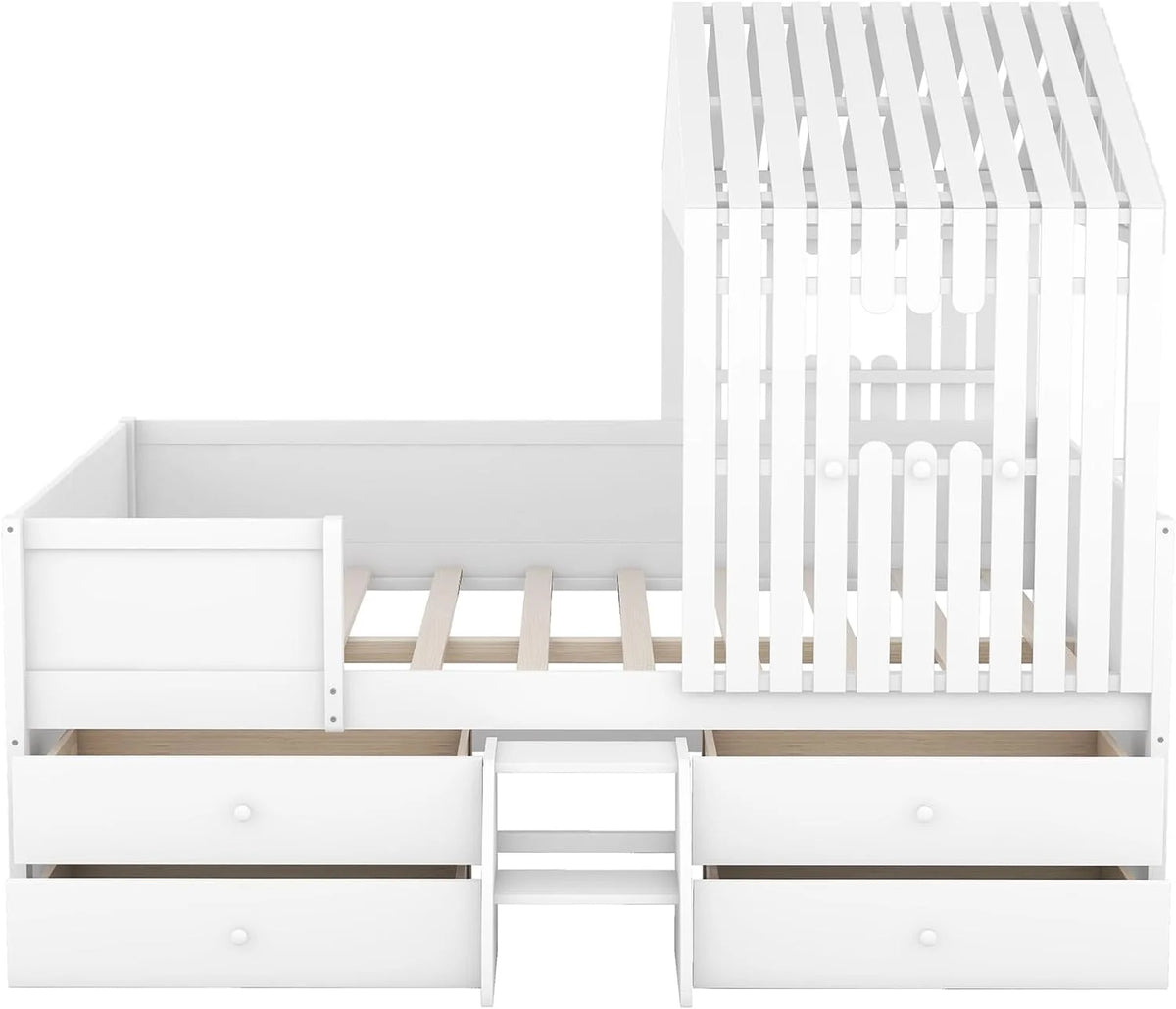 White Full Size Wood House Bed with 4 Drawers J30522