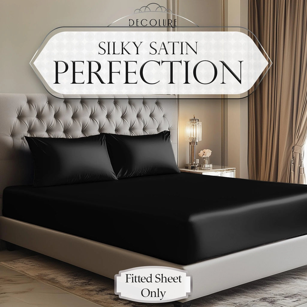 Black Silk Satin Fitted Sheet Queen Size 15 Inch Deep Pocket W6257
