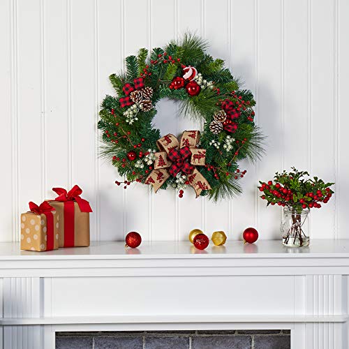 24in. Artificial Christmas Pine Wreath with Pine Cones and Ornaments W354563