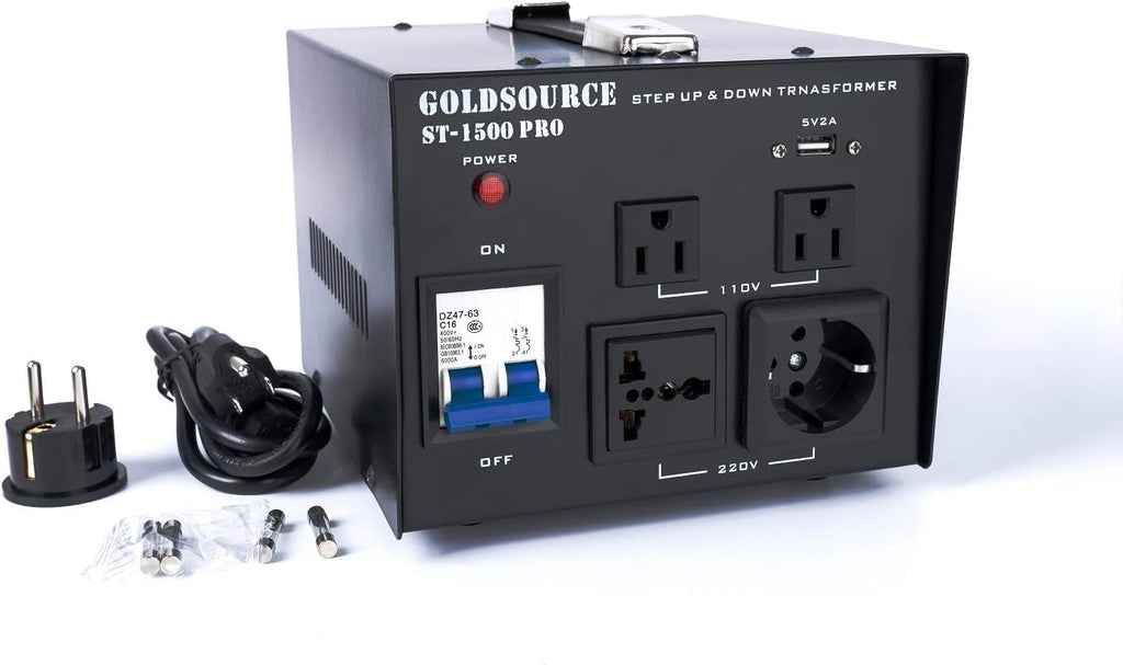 1500W Auto Step Up & Step Down Voltage Transformer Converter, AC 110/220V, US Standard, Schuko AC Outlets, DC 5V USB Port Z376