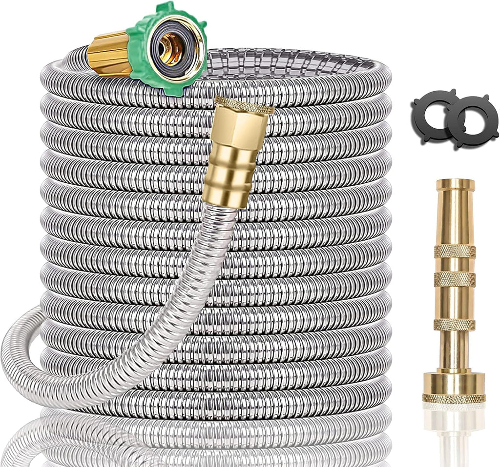Steel Metal Garden Hose 100FT Heavy Duty Lightweight 304 Stainless Steel Water Hose with Brass Nozzle, Silver Pack of 2 K4650